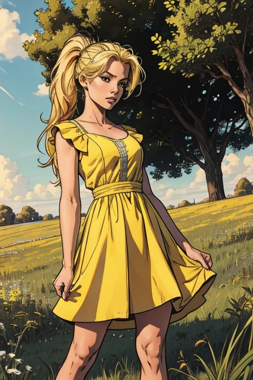 photorealisitic,realisitic, standing alone, photorealisitic, best qualityer, ultra high resolution, 1 girl,, , blonde hair in ponytail, wearing a yellow dress, breeze blowing through the grass,, , 1 girl,, comely, work of art, best qualityer, extreme detailed face, perfect lighting, 1 girl, standing alone,, , best qualityer, ultra high resolution, photorealisitic,, ultra detaild,, work of art, best qualityer, , Nancy1, 