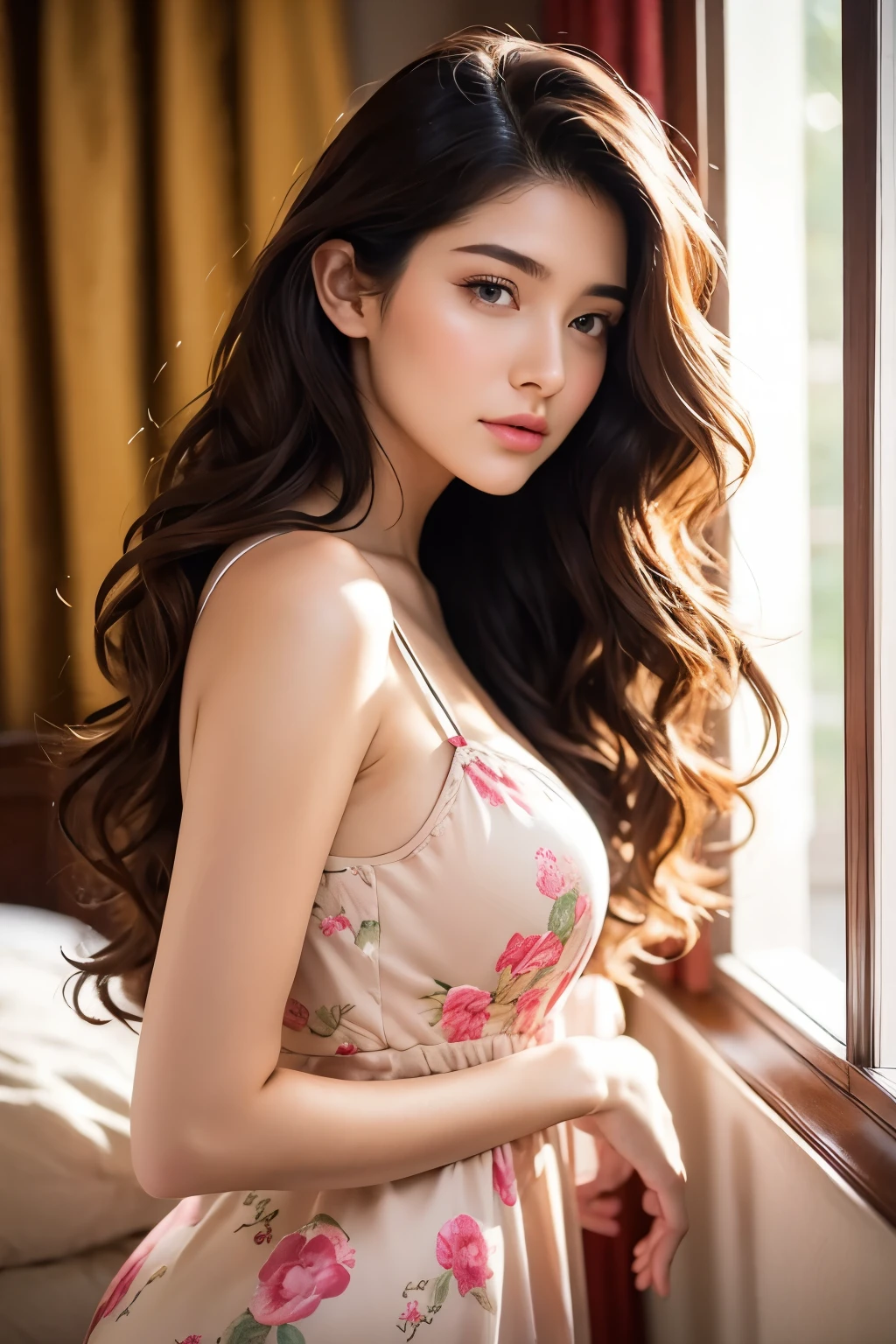 Extremely stunning beautiful girl,beautiful detailed eyes,beautiful detailed lips,extremely detailed face and skin,long eyelashes,detailed hair,silk nightgown, very detailed bedroom interior,luxury bedroom, floral bedsheets,silk curtains,crystal chandelier,warm ambient lighting,cinematic lighting,photorealistic,masterpiece,best quality,8k,ultra-detailed,vivid colors,soft focus,intricate details