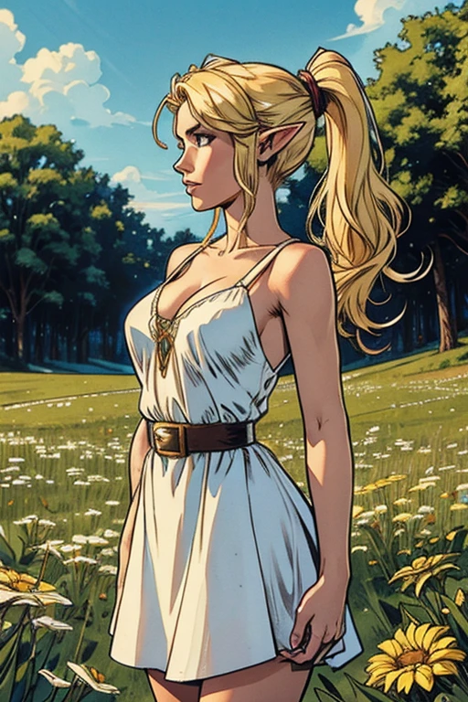 photorealisitic,realisitic, standing alone, photorealisitic, best qualityer, ultra high resolution, 1 female elf,, , blonde hair in ponytail,pointy ears, wearing a white dress,Breasts huge, breeze blowing through the grass,, , 1 female elf,, comely, work of art, best qualityer, extreme detailed face, perfect lighting, 1 female elf, standing alone,, , best qualityer, ultra high resolution, photorealisitic,, ultra detaild,, work of art, best qualityer, , Nancy1, 