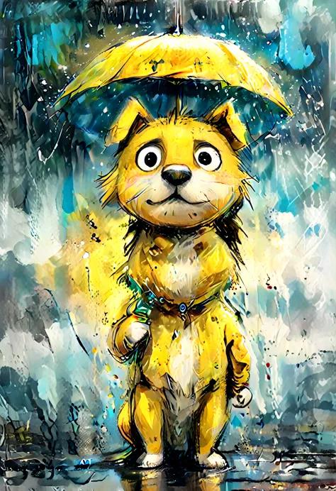 striking colorful painting of a cute drawing of a  in the rain holding a yellow umbrella, highy detailed, 8K, Spitz, proffesiona...
