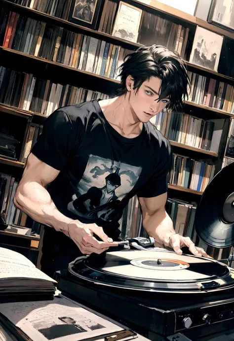 a handsome man in his 20s, short black hair, blue eyes, sitting in a comfortable chair, listening to music on a record player, w...