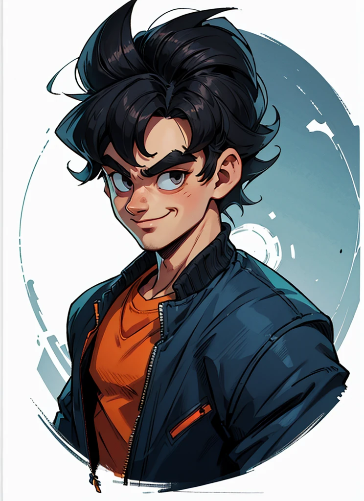 1man, solo, (masterpiece), best quality, ultra-detailed, Son Goku from Dragon Ball Z, black hair, Retro style, full body. fashion cloth, blue jacket, orange shirt, fancy, portrait, upper body, face detail, eyes detail: 1.3, simple background, black eyes, orange shirt,(white background), happy, smiling, circle frame
