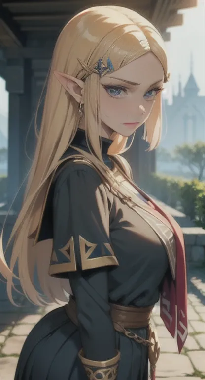 Sweating, Princess Zelda, Hyrule high school, school's uniform, students everywhere, looking at viewer annoyed, front view,