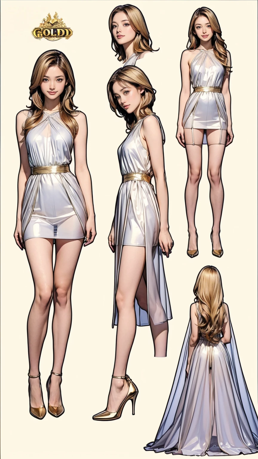 ((masterpiece)),(((Highest quality))),((Character design sheet)),Thin thighs,Long legs,((woman, alone, Long Hair)),Innocent look, Bare arms, Expose your shoulders, Gold and silver see-through dress,Golden Hair，The best smile，