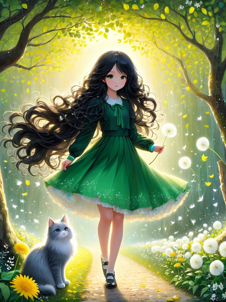 1 Girl, 独奏, Long hair, Black Hair, Long sleeve, skirt, Keep, perpetual, myopia, flower, Artist Name, sign, from the side, Tree, contour, animal, Watermark, Wavy Hair, flower卉印flower, Cat, plant, , Nature, Network skirt, forest, curls, Green dress, vine，Glowing silver light，Innocence，storybook-like，对Nature的温柔描绘，Wear，so beautiful, in the style of Amanda clark, Evgeni gordiets