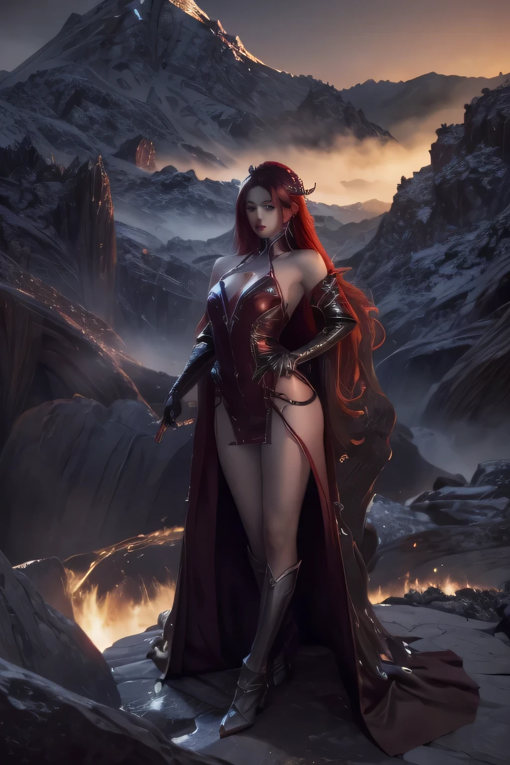 Realistis, hd, high quality, demon girl with red long hair, standing on abyss crack, mountain eruption background, dismissive smile toward viewer, beautiful face, full body, red wing on her back, black dark crown, black giant horn, red tail, her hand come to viewer, disgusting to viewer, wear black and red dress, stand pose, 