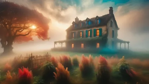 the farmhouse enveloped in thick fog, creating a mysterious and haunting atmosphere. style of claude monet. hyper realistic phot...