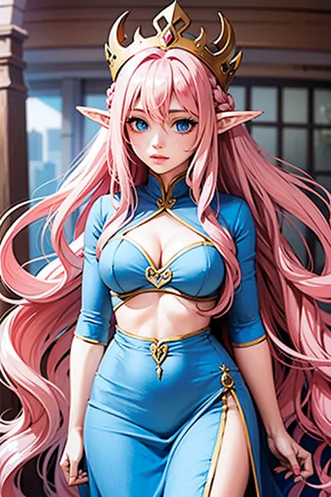 woman, long wavy hair, pink hair, blue eyes, elf, crown