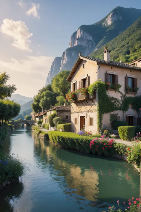 beautiful oil painting of a village, villa bella, italy, by sung kim