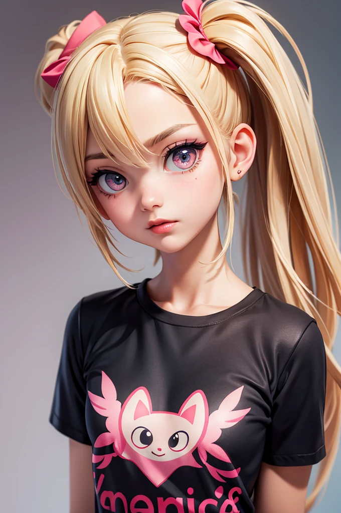 hyperrealistic 14 year old american teen, blonde, perfect tiny body, sexy, dark makeup, perfect slim face, big red lips, very cute face, tiny body, big eyes, young looking, childish looking, sexy pijama t-shirt, two ponytails, big breasts, pink panty
