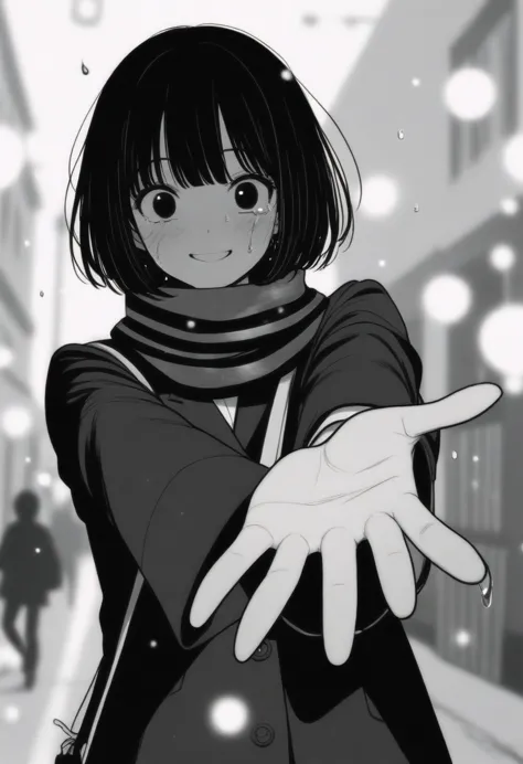 masterpiece, best quality, 1girl, mamerakkkkko, grayscale, manga style, japanese, chi no wadachi, black eyes, street, iced, blac...