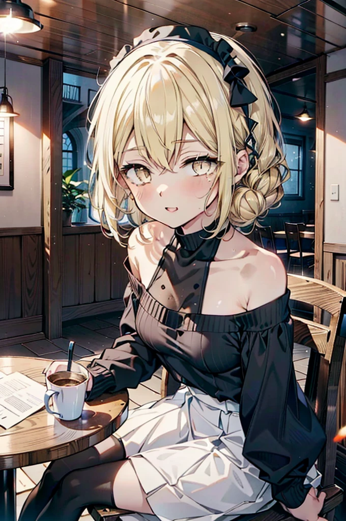 (アイスWallenstein, Wallenstein, blonde, Hair between the eyes, hair band, happy smile, smile, Open your mouth,Blonde,Long Hair, (Yellow Eyes:1.5),One-shoulder sweater,Long skirt,short boots,Sitting in a chair,There is food on the table,Daytime,Clear skies,whole bodyがイラストに入るように,　　　　　　　　　　　　　　　　　break looking at viewer, whole body,　　　　　　　　　　　break indoors,Coffee shop,,　　　　　　　　　　　　　　　 break (masterpiece:1.2), Highest quality, High resolution, unity 8k wallpaper, (shape:0.8), (Beautiful and beautiful eyes:1.6), Highly detailed face, Perfect lighting, Extremely detailed CG, (Perfect hands, Perfect Anatomy),