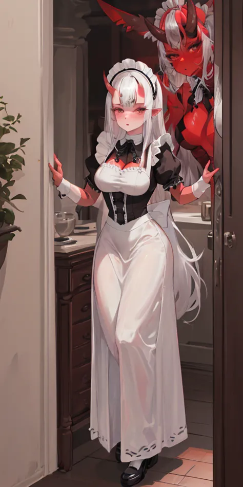 1 girl, (((oni girl))), (((red skin))), horns, white hair, ((maid)), (solo female), white maid apron, maid headdress, maid skirt...