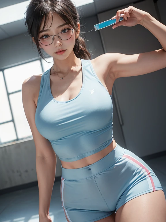 Looking into the camera,Age 35,physical education teacher、1 female,(wear rimless glasses)(She is wearing light blue tight fitting shorts........)(She is wearing a white tank top with a plunging neckline.),(I&#39;Sweating and see-through of clothes)((Accentuate nipple protrusion))(Her breasts are exposed through her shirt)(female teacher),(Crouching posture)(I can see your crotch)(Obscene pose),((Very large breasts)),(Big Breasts)(Accentuate your cleavage)((Voluptuous body))(Black short bob hair),(Best image quality, (8k), ultra-realistic, 最high quality, high quality, High resolution, High quality texture, Attention to detail, Beautiful details, Fine details, Extremely detailed CG, Detailed Texture, Realistic facial expressions, masterpiece, in front),(Wearing glasses:1.1)(((Strict adherence to front-end configuration)))　(((Photograph the whole body)))(((Photo of a person with their legs spread)))(((Accentuate the crotch)))