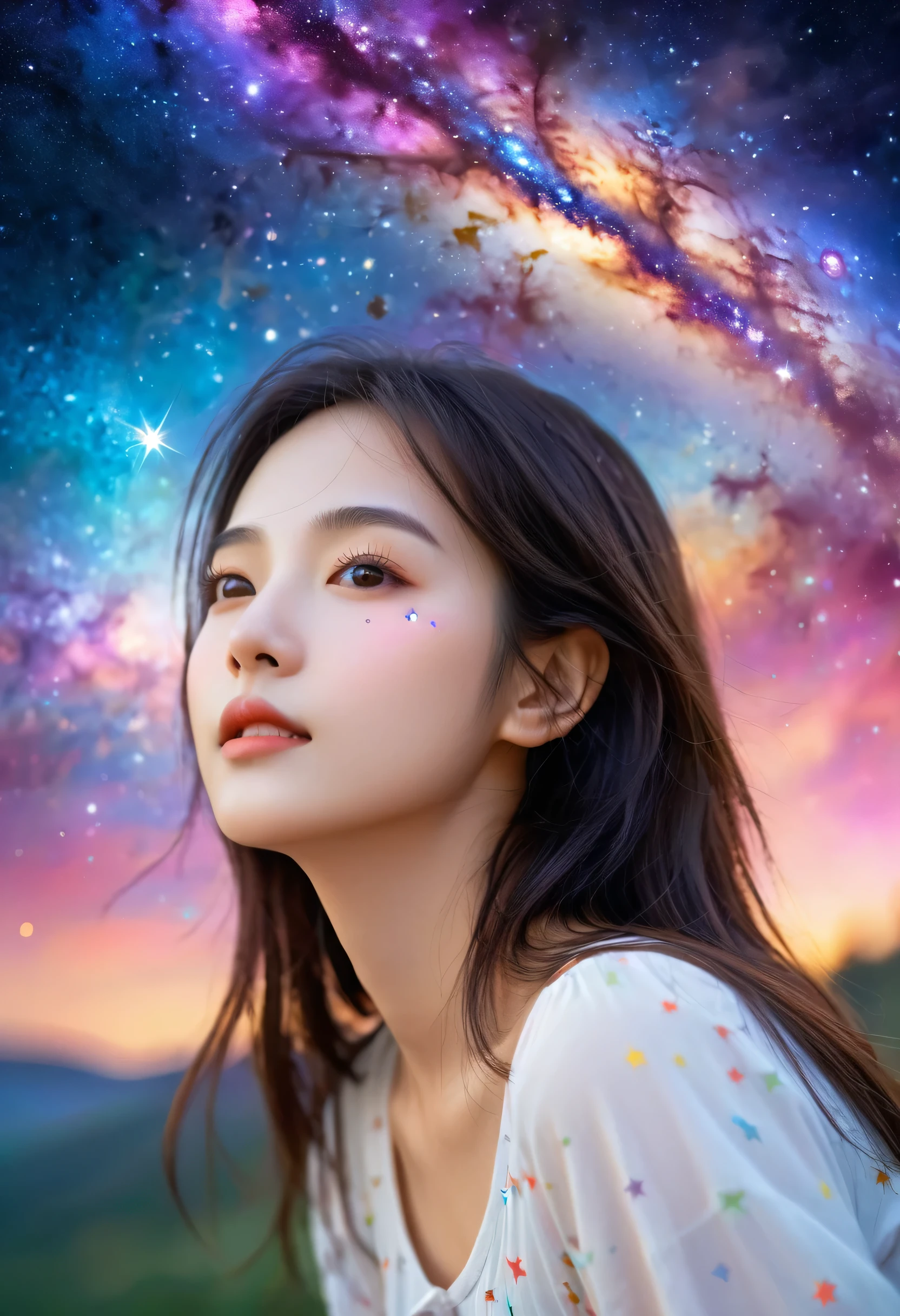 High Detail, Super Detail, Ultra-high resolution, Girl enjoying time in fantasy galaxy, Surrounded by stars, The warm light shines on her, Background is starry sky，There are colorful galaxies and galaxy clouds, Stars flew around her, Delicate face, Add a fun atmosphere , 