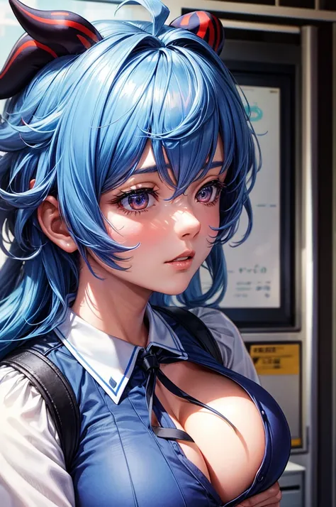 ultra realistic, 4k, hd, ewing hd, ultra detiled, 1 woman, ganyu from gi, office uniform, blue hair, horn; big breast