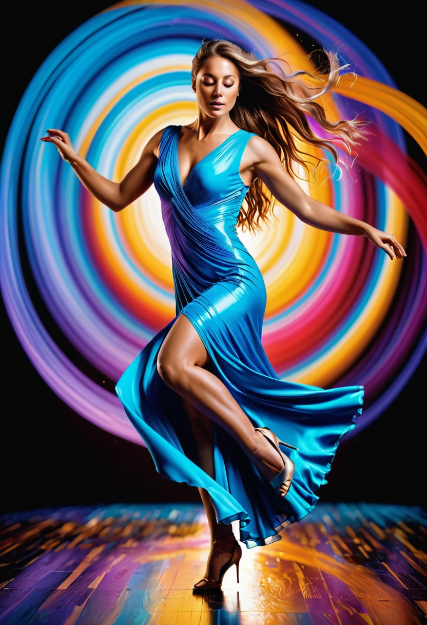 (best quality, 8k, masterpiece, highres, ultra-detailed), photorealistic, woman, dancing, swirling vortex, colors, light, fluid, graceful, defying gravity, shimmering iridescent dress, luminous flowing hair, abstract shapes, textures, dreamlike unreality, ethereal, vibrant, dynamic, motion blur, magical, mystical, fantasy, intricate details, realistic anatomy.