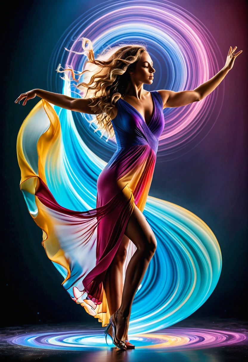 (best quality, 8k, masterpiece, highres, ultra-detailed), photorealistic, woman, dancing, swirling vortex, colors, light, fluid, graceful, defying gravity, shimmering iridescent dress, luminous flowing hair, abstract shapes, textures, dreamlike unreality, ethereal, vibrant, dynamic, motion blur, magical, mystical, fantasy, intricate details, realistic anatomy.