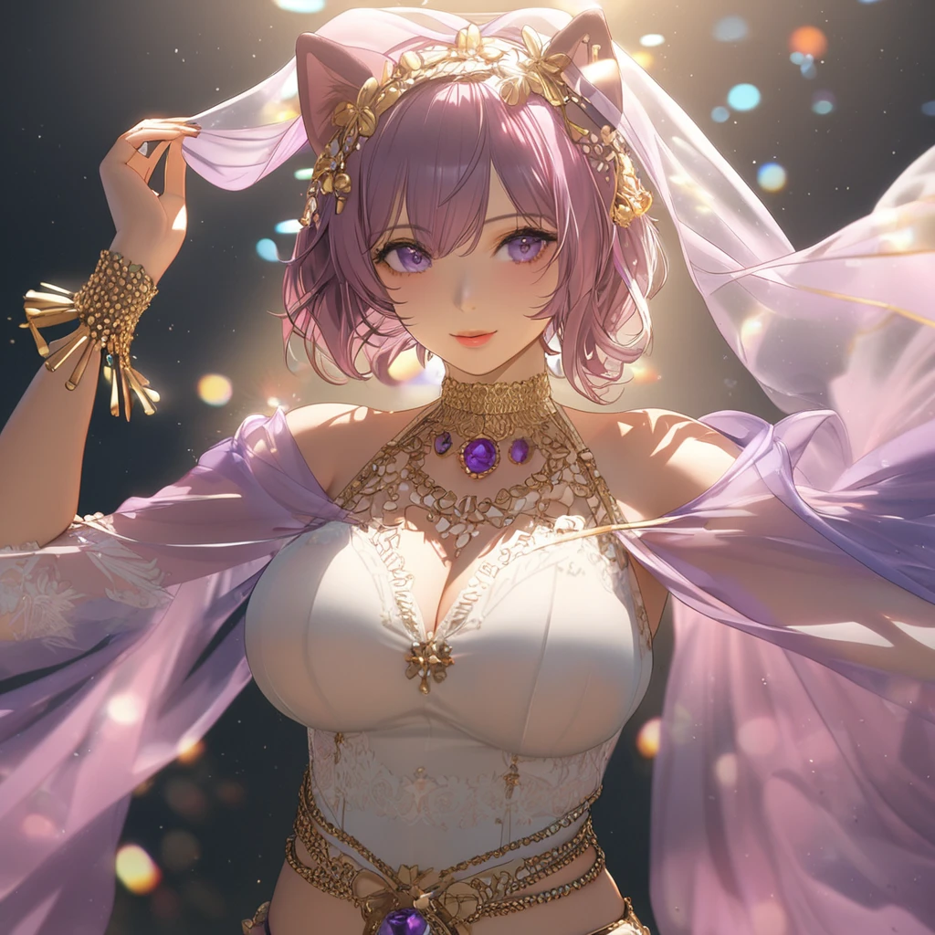 a beautiful woman in a sheer, elegant outfit, wearing a light, translucent purple shawl on her head, perfect for hot summer weather, idol-like presence, with gold accessories balanced throughout, posing with a plush dog toy, highres, 8k, detailed, photorealistic, dramatic lighting, warm color tones, (best quality:1.4), (masterpiece:1.2), ultra-detailed