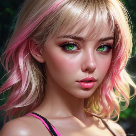 oral rape of the woman blonde hair green eyes and pink batm and a black top, realistic art style, rossdraws portrait, artgerm po...