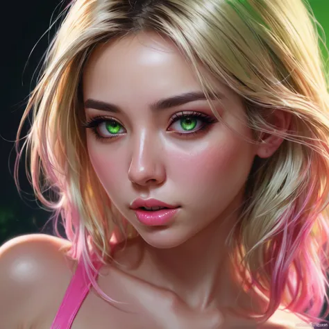 oral rape of the woman blonde hair green eyes and pink batm and a black top, realistic art style, rossdraws portrait, artgerm po...