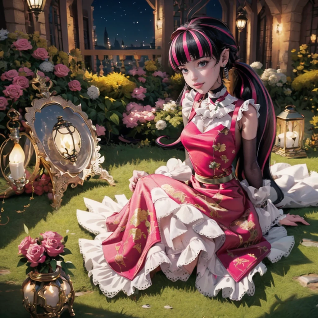 1 girl, a girl with bat wings, holding a red rose, succubus, a red roses on focus, red roses, black hair, pink hair, multicolored hair, bat choker, necklace, centered, bat jewelry, gothic scenery, Pink bat Jewelry, smile, vampire fangs, (looking at viewer), Draculaura_MH, centered, wavy hair, solo, red roses, ornament hair, pink roses on her hair, bat ears on the top of the head, a vampire girl, holding a red rose, perfectly body, perfectly hands, pink hair, flowing hair, short hair, laying down on a grass, chinese garden style, oriental garden, a lake with white carpas on the background, gold lantern, alone, solo, black dress, chinese black dress, a dress with layers, short skirt, more details on her clothes, laying down, golden details, night, smiling, pink dress, garden scene, cowboy shot, luxury, gold details on her clothes, 1girl, dress, jewelry, maid clothes, maid, maid dress, maid apron, maid headdress, white apron, solo, alone, black dress, gold lantern, Chinese style, Chinese lanterns, Chinese maid dress, centered, laying down on the grass, black gloves, black socks, white laces, pink shoes, gold details on her clothes, cat ears, animal ears, garden, roses, more details, best quality, solo, alone, centered,