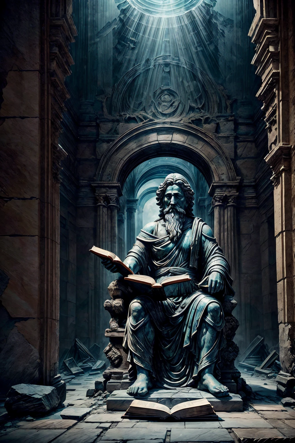 make a statue of an ancient philosopher reading a book while sitting on a throne, make the statue entirely out of marble with lots of cracks and blue light coming out of the cracks to give the impression of an abandoned statue (make the image as if it were a photo taken diagonally , realistic, ancient appearance, impression of darkness and ruins, without showing the foot of the statue)