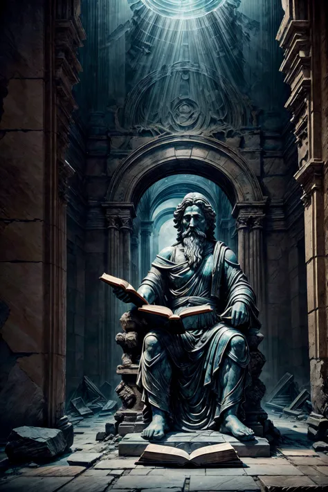 make a statue of an ancient philosopher reading a book while sitting on a throne, make the statue entirely out of marble with lo...