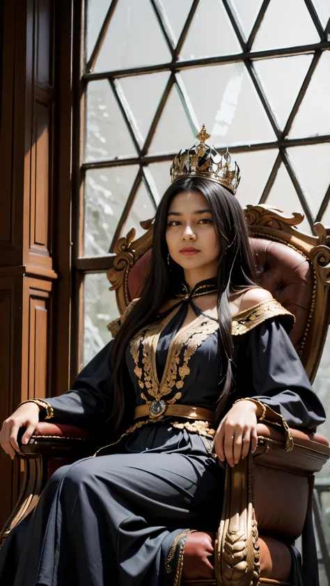 A queen on a throne, black hair, a crown, glass window
