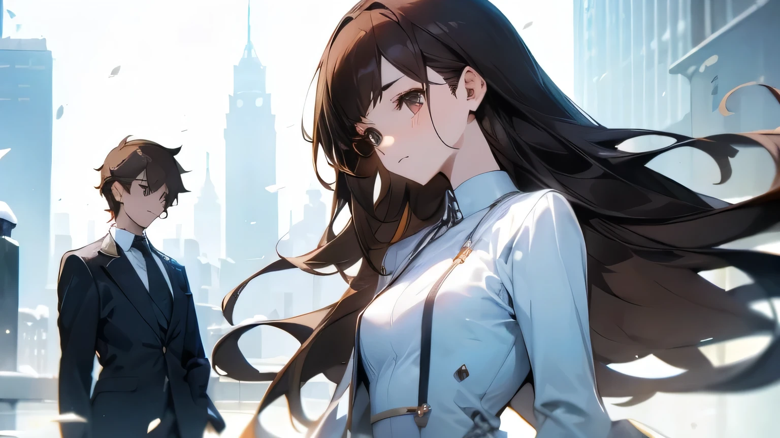 Anime characters in a city with tall buildings and a sky background -  SeaArt AI