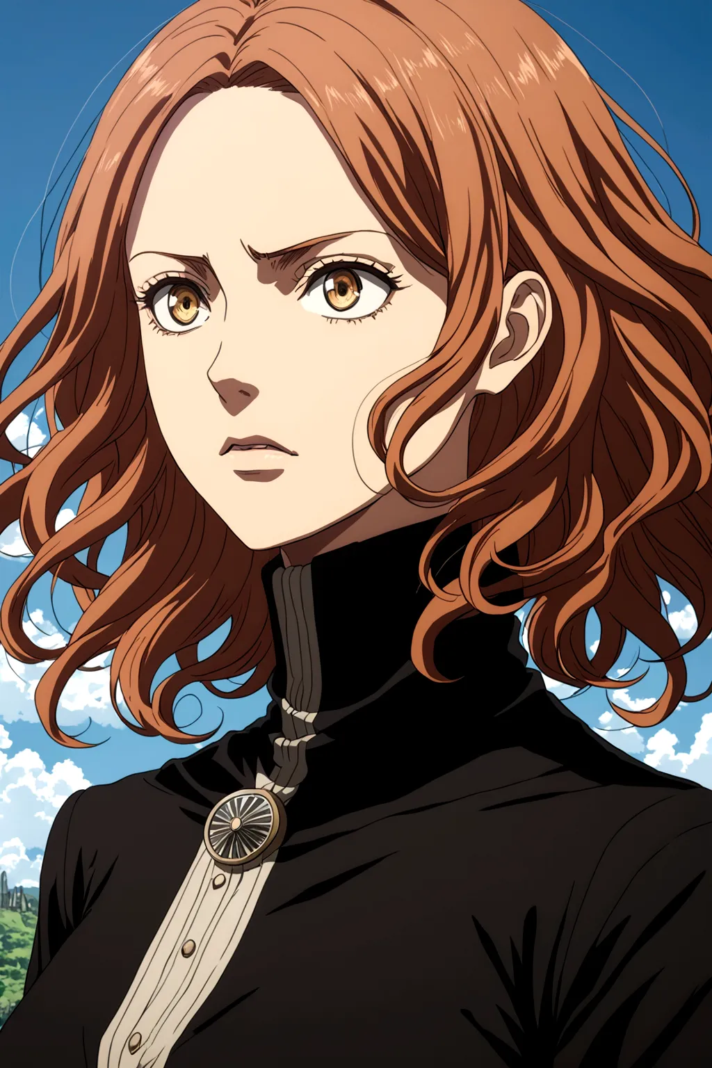 Attack on Titan anime style, woman with ginger wavy hair. She wears a black high-necked blouse