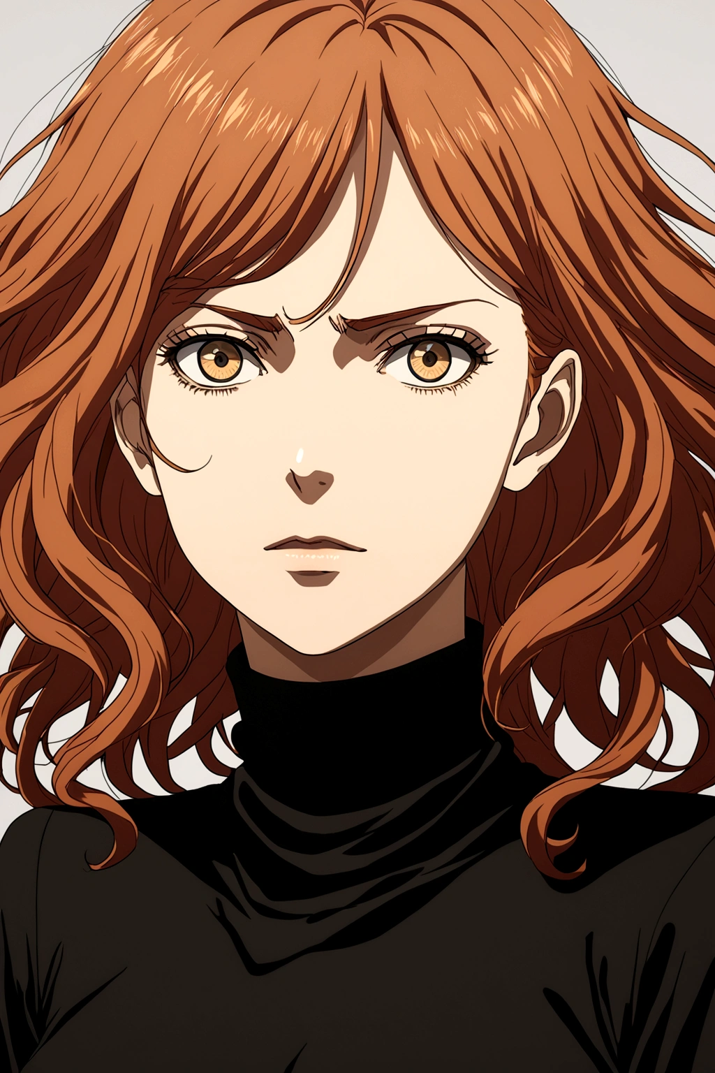 ataque al estilo anime titan, mujer con cabello ondulado pelirrojo. Lleva una blusa negra de cuello alto.