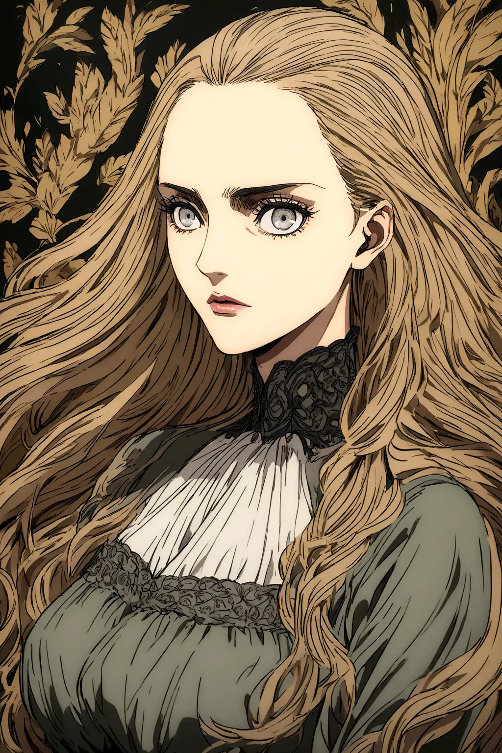 Attack on Titan anime style, woman with ginger wavy long hair, grey eyes. She wears a black high-necked blouse