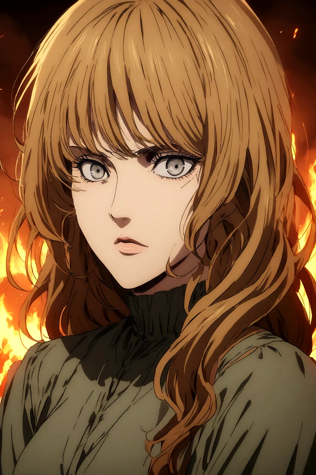 Attack on Titan anime style, woman with ginger wavy long hair, grey eyes. She wears a black high-necked blouse