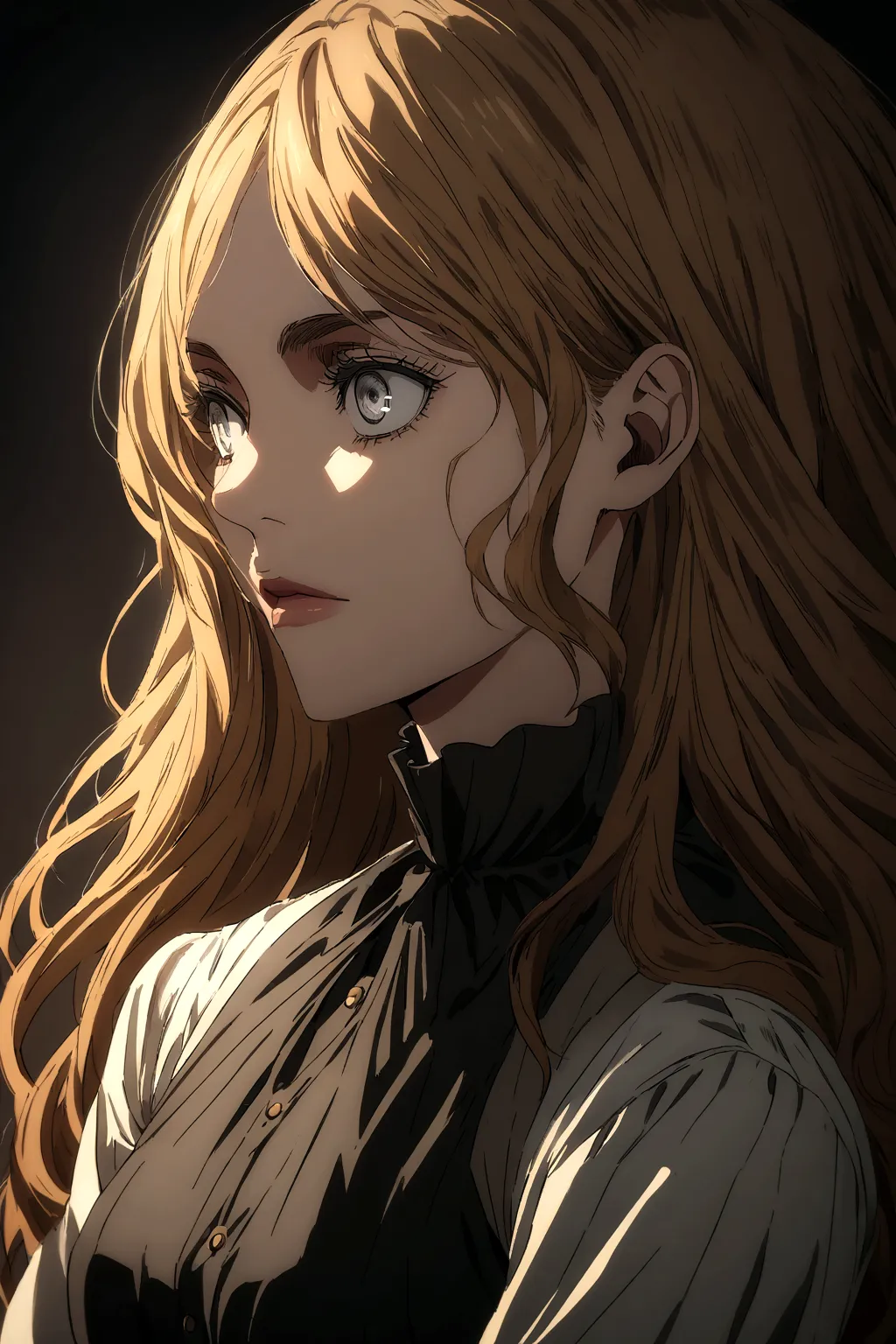 Attack on Titan anime style, woman with ginger wavy long hair, grey eyes. She wears a black high-necked blouse