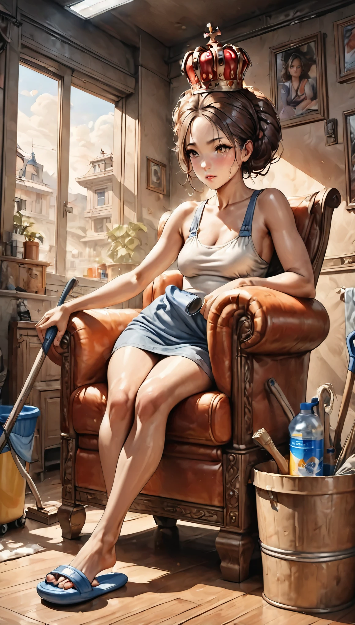 a middle aged woman with curlers in her hair wearing slippers, sitting on a throne-like armchair, cleaning supplies like a bucket, mop, and broom at her feet, detailed intricate crown on her head, warm lighting, Photorealistic, vibrant colors, high quality, 8k, hyper realistic, masterpiece, award winning art, (Best Quality,4k,8k,high resolution,Masterpiece:1.2),ultra detailed,sharp focus,(realist,photorealist,photo-realist:1.37),Very detailed face,extremely detailed facial features,hyper realist skin texture,extremely fine details,intricate details,detailed eyes,Detailed nose,detailed lips,detailed facial expressions,intricate facial anatomy,intense lighting,dramatic lighting,changing lighting,cinematic lighting,chiaroscuro lighting,dramatic shadows,dramatic moments,vivid colors,intense colours,Deep contrast,cinematic depth of field,cinematographic composition,cinematic camera angle