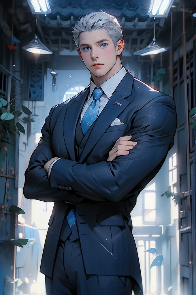 Drawing of a young Chad, Dark blue suit,tie， White shirt，Pants， Looking at the camera, male，Silver short hair，Blue Eyes，muscle，bodyguard,Light and Shadow