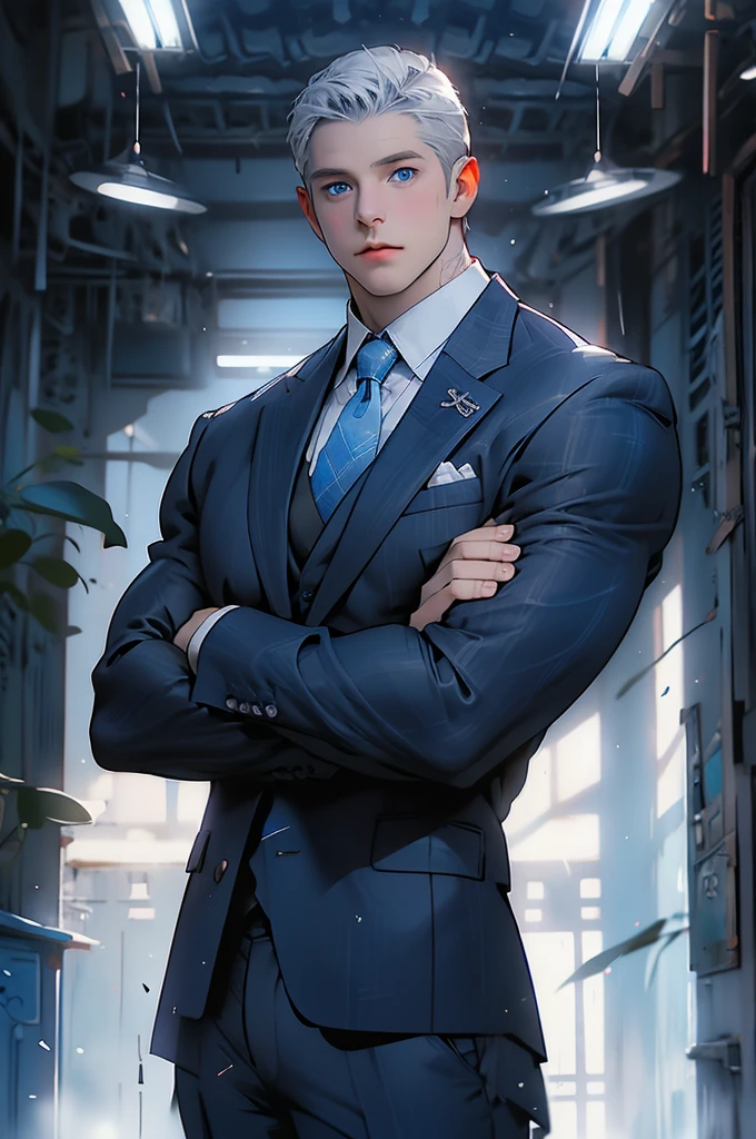 Drawing of a young Chad, Dark blue suit,tie， White shirt，Pants， Looking at the camera, male，Silver short hair，Blue Eyes，muscle，bodyguard,Light and Shadow