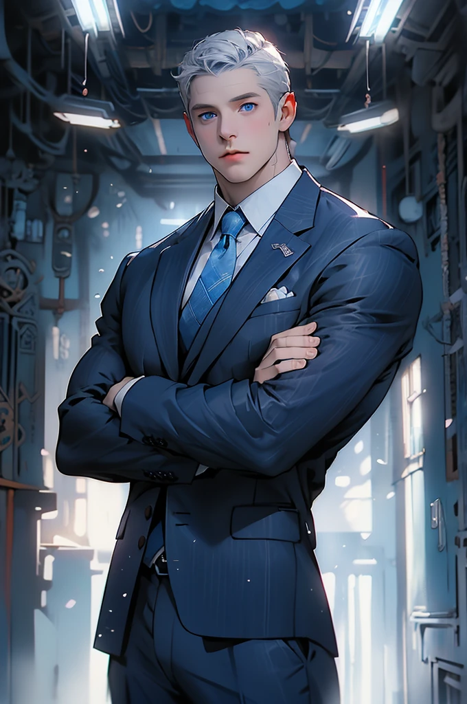 Drawing of a young Chad, Dark blue suit,tie， White shirt，Pants， Looking at the camera, male，Silver short hair，Blue Eyes，muscle，bodyguard,Light and Shadow