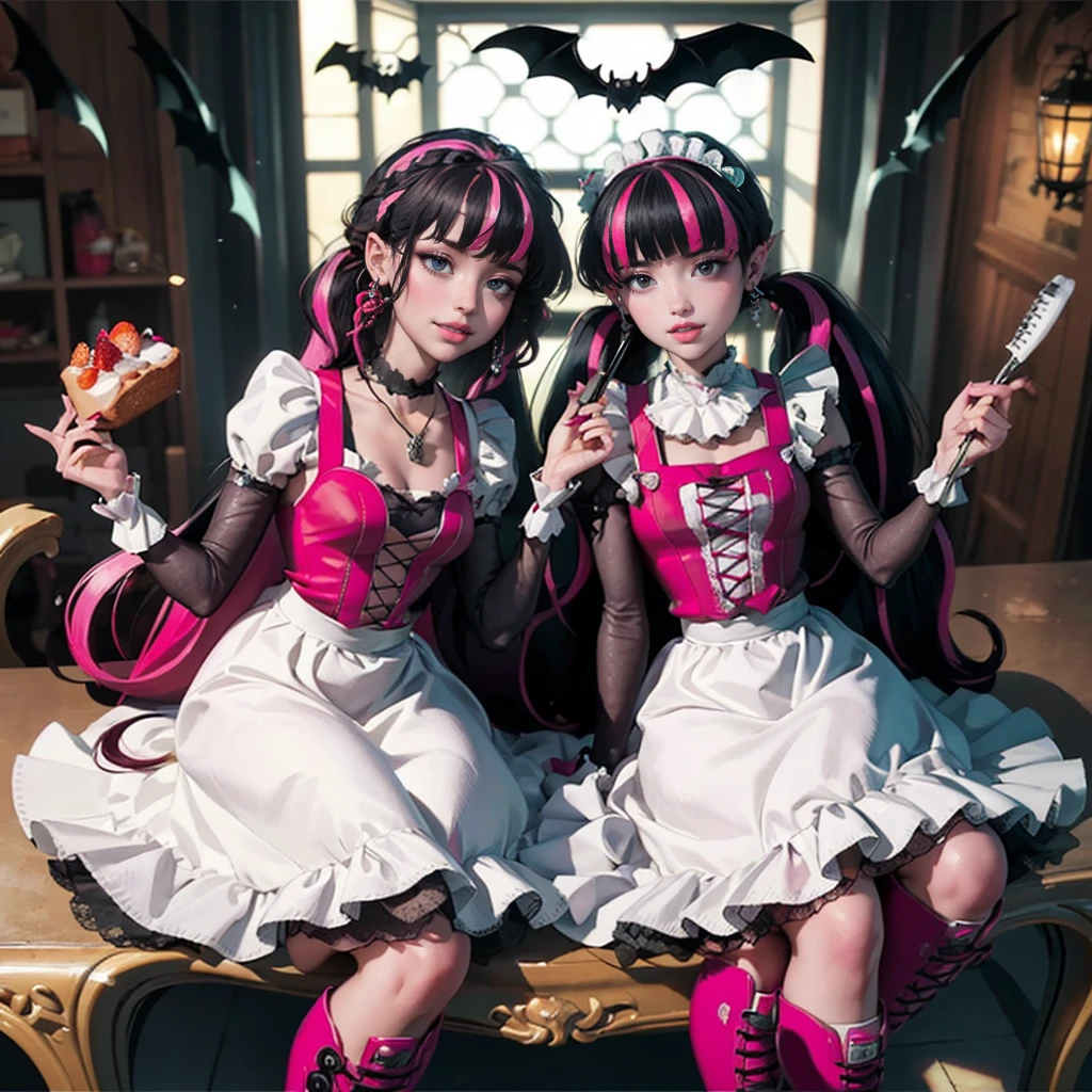 1 girl, a girl with bat wings, holding a pastry brush, succubus, bakery, a cake on focus, cake with strawberrys and red roses, bat choker, necklace, centered, solo, alone, bat jewelry, medieval castle scenery, Pink bat Jewelry, smile, vampire fangs, (looking at viewer), Draculaura_MH, wavy hair, Alone, half black hair, half pink hair, multicolored hair, long hair, braided hair, gothic scenery, medieval style, maid dress, white apron, maid apron, maid headdress, white skirt, solo, alone, centered, pink knee boots, smiling, in kitchen, kitchen, black lanterns, stand up close to window, depth of field, film composition, ((high quality)), ((artwork)), (More details), maid dress, black maid headdress, black maid apron, bat wings, white dress, black dress with transparency, pink laces, pink gloves, solo, alone, centered, black high socks , boots of high hills, bat jewel, jewel, sit on the grass, dark red roses in focus, Draculaura_(school of monsters), school of monsters, Looking at the viewer, alone, solo, centered, More details on the clothes,