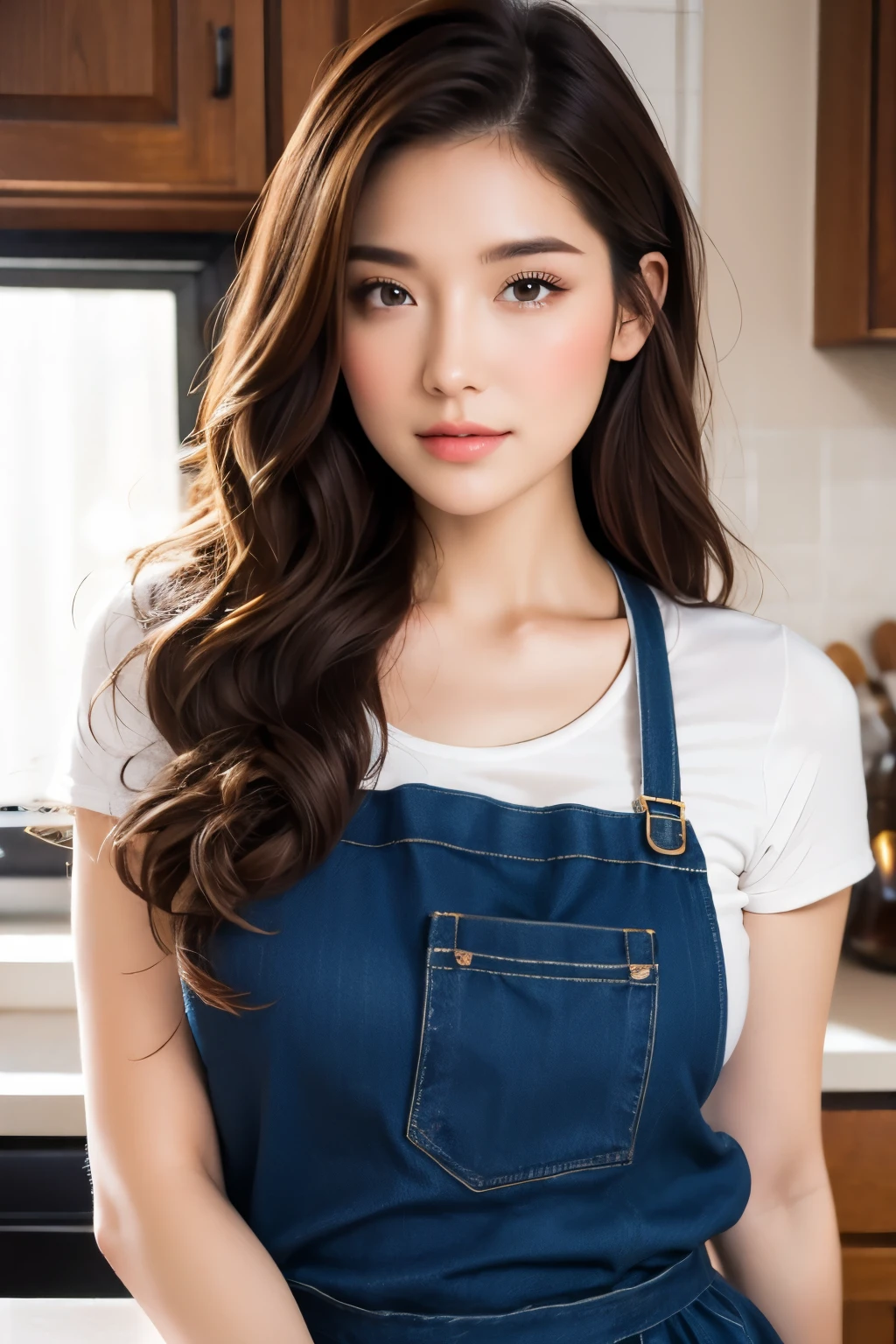 (Best quality, 8k, masterpiece: 1.3), a beautiful woman with perfect figure: 1.2, dark brown hair, wearing a pendant, wearing an apron, in the kitchen, highly detailed face and skin, detailed eyes, double eyelids, big breasts