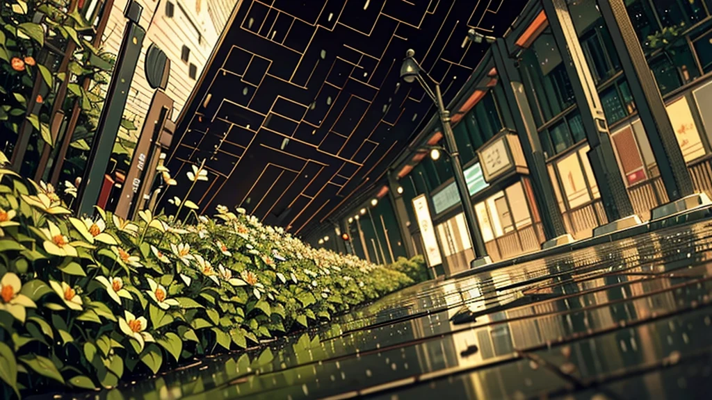 tokyo sidewalk at afternoon after rain with wet streets, bokeh, focus on ground, make it like garden of words style, warm tone, no human, no people on it, (((very low angle))), (((detailed background)))