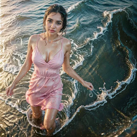 woman in a pink dress is walking into the sea, long pink gloves, elegant, closeup fantasy with water magic, (top_view_perspectiv...