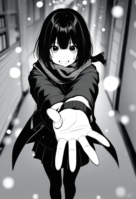 masterpiece, best quality, 1girl, oekakizuki, grayscale, manga style, japanese, chi no wadachi, black eyes, street, iced, black ...