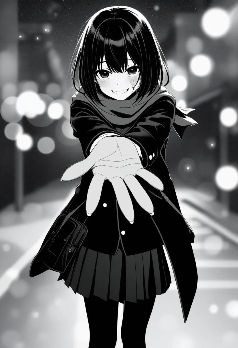 masterpiece, best quality, 1girl, oekakizuki, grayscale, manga style, japanese, chi no wadachi, black eyes, street, iced, black hair, schoolbag, smile, lineart, black coat, black scarf, black pleated skirt, leggins, centered, 18 years old, tall, fair skinned, bokeh background, crying, tears, tears streaming, bob cut, light particles, centered, snowing, (((reaching out a hand to viewer, perfect hand, detailed hand:1.1))
