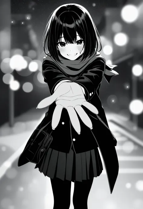 masterpiece, best quality, 1girl, oekakizuki, grayscale, manga style, japanese, chi no wadachi, black eyes, street, iced, black ...