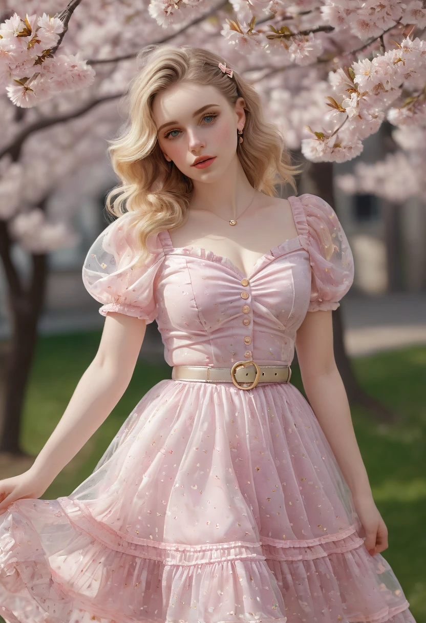 A beautiful sensual, curvy blonde kid wearing a sweet Pink Party Contrast Mesh, Ruffle Hem, All Over cherry blossoms Print, A Line, Short puff Sleeves, Sweetheart neckline, thin gold belt with tiny heart buckle, High Waist,Flounce hem Long gown, very long curling hair, cute, sweet, town picnic, warm party atmosphere, pretty, pretty lighting, 8k, octane render, detailed, detailed background, 35mm, realistic, photorealistic, perfect face, cherry blossoms barrettes in hair, freckles, American 