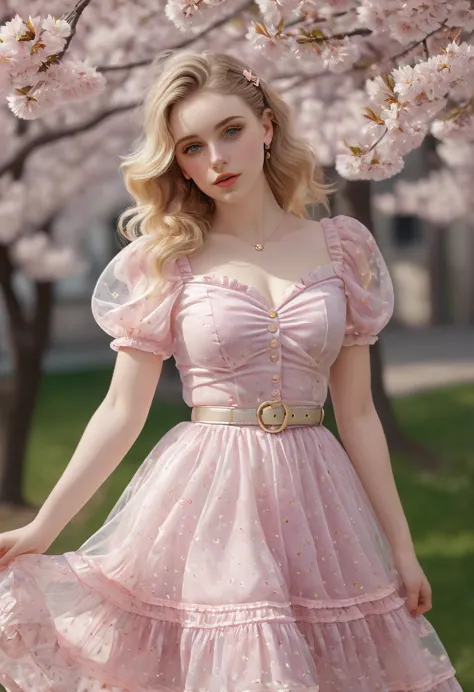 A beautiful sensual, curvy blonde kid wearing a sweet Pink Party Contrast Mesh, Ruffle Hem, All Over cherry blossoms Print, A Li...