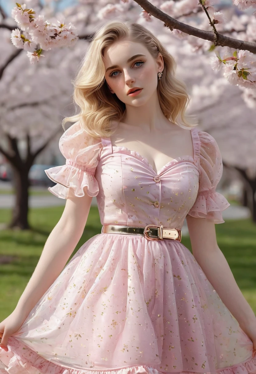 A beautiful sensual, curvy blonde kid wearing a sweet Pink Party Contrast Mesh, Ruffle Hem, All Over cherry blossoms Print, A Line, Short puff Sleeves, Sweetheart neckline, thin gold belt with tiny heart buckle, High Waist,Flounce hem Long gown, very long curling hair, cute, sweet, town picnic, warm party atmosphere, pretty, pretty lighting, 8k, octane render, detailed, detailed background, 35mm, realistic, photorealistic, perfect face, cherry blossoms barrettes in hair, freckles, American 