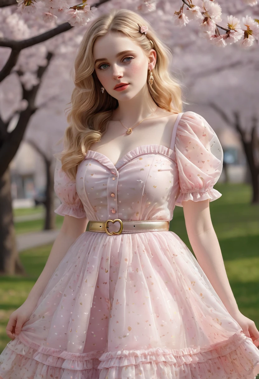 A beautiful sensual, curvy blonde kid wearing a sweet Pink Party Contrast Mesh, Ruffle Hem, All Over cherry blossoms Print, A Line, Short puff Sleeves, Sweetheart neckline, thin gold belt with tiny heart buckle, High Waist,Flounce hem Long gown, very long curling hair, cute, sweet, town picnic, warm party atmosphere, pretty, pretty lighting, 8k, octane render, detailed, detailed background, 35mm, realistic, photorealistic, perfect face, cherry blossoms barrettes in hair, freckles, American 